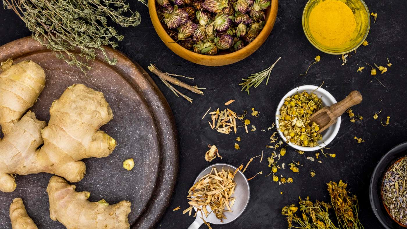 an image illustrating different ayurvedic herbs for detoxification on the table