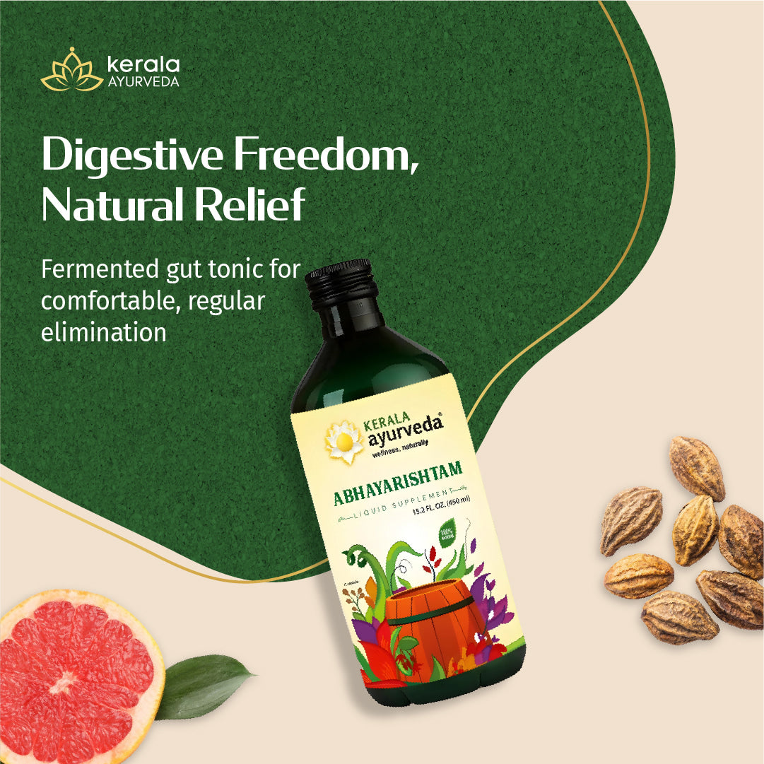 Bottle of Kerala Ayurveda Abhavarishtam digestive tonic with ingredients on a green and beige background.