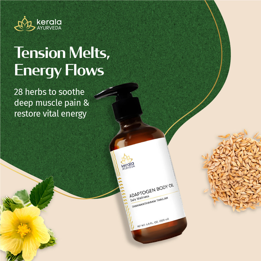 Kerala Ayurveda Adaptogen Body Oil bottle with text about tension relief and energy flow on a green and beige background.