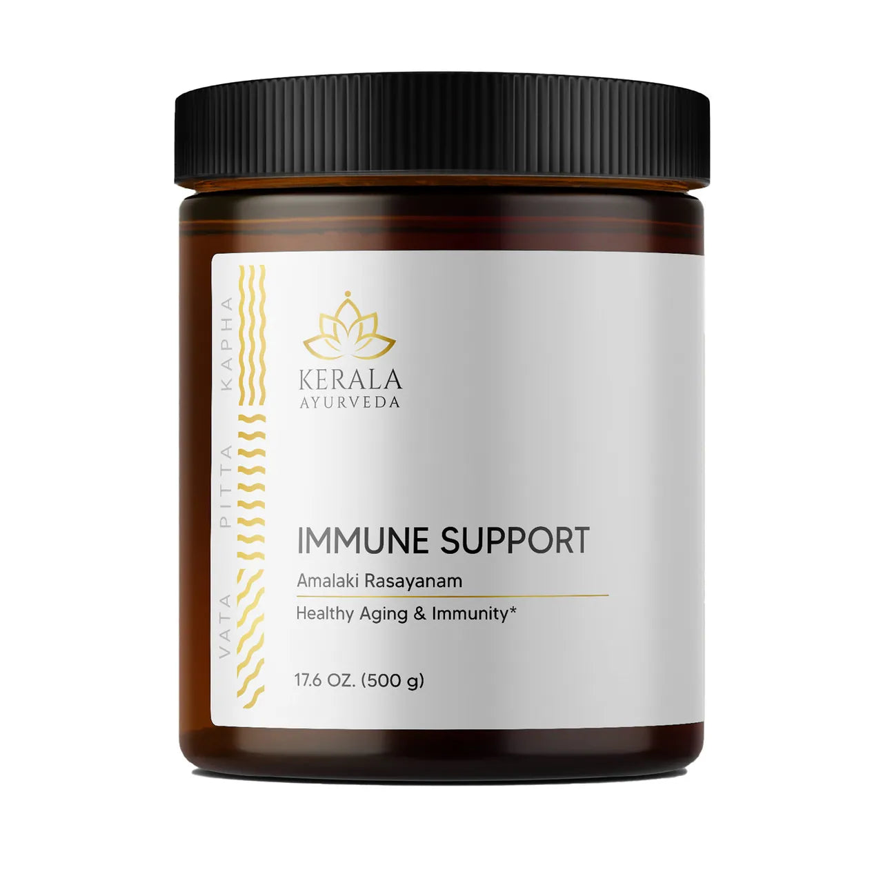 A jar of Kerala Ayurveda Immune Support, Amalaki Rasayana, with a label indicating it is a product for healthy aging and immunity, weighing 17.6 oz / 500 g.