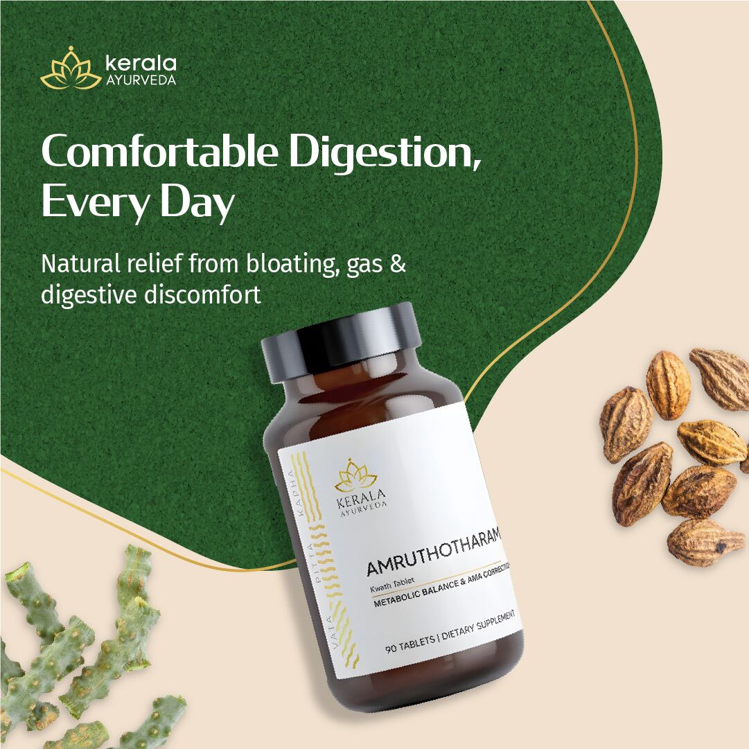 Kerala Ayurveda supplement bottle with text about digestive relief on a green and beige background