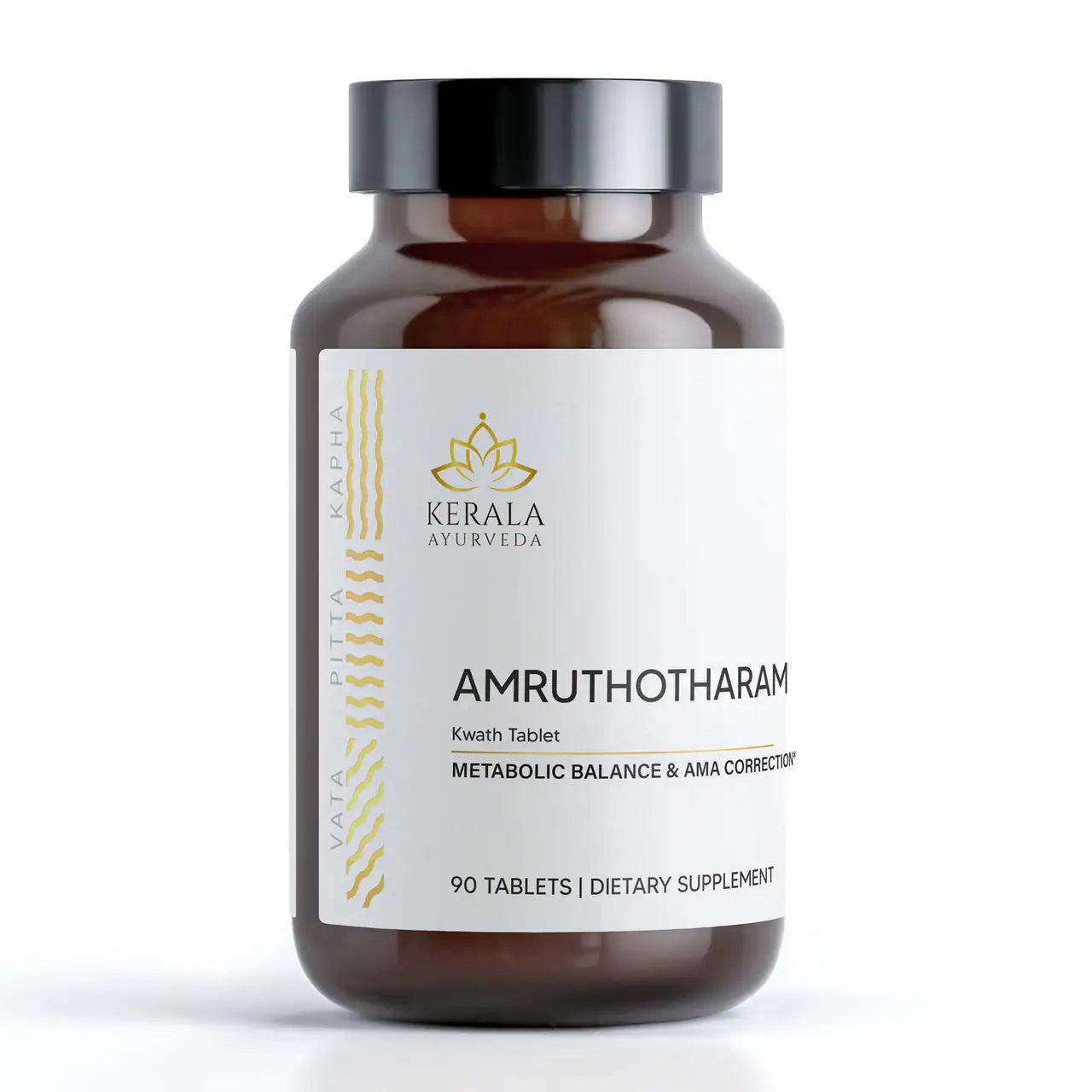 A bottle of Amruthotharam Kwath tablets by Kerala Ayurveda, labeled as maintaining healthy metabolism with 90 tablets inside.