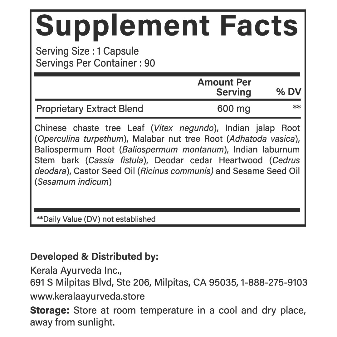 Ingredients label of Kerala Ayurveda Back Support supplement with 90 capsules for healthy lower back.