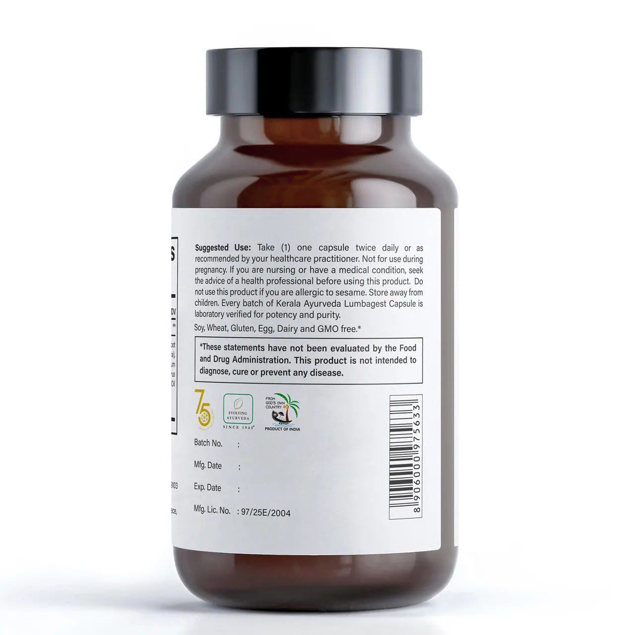 A bottle of Kerala Ayurveda Back Support supplement with 90 capsules for healthy lower back with a label indicating direction to use