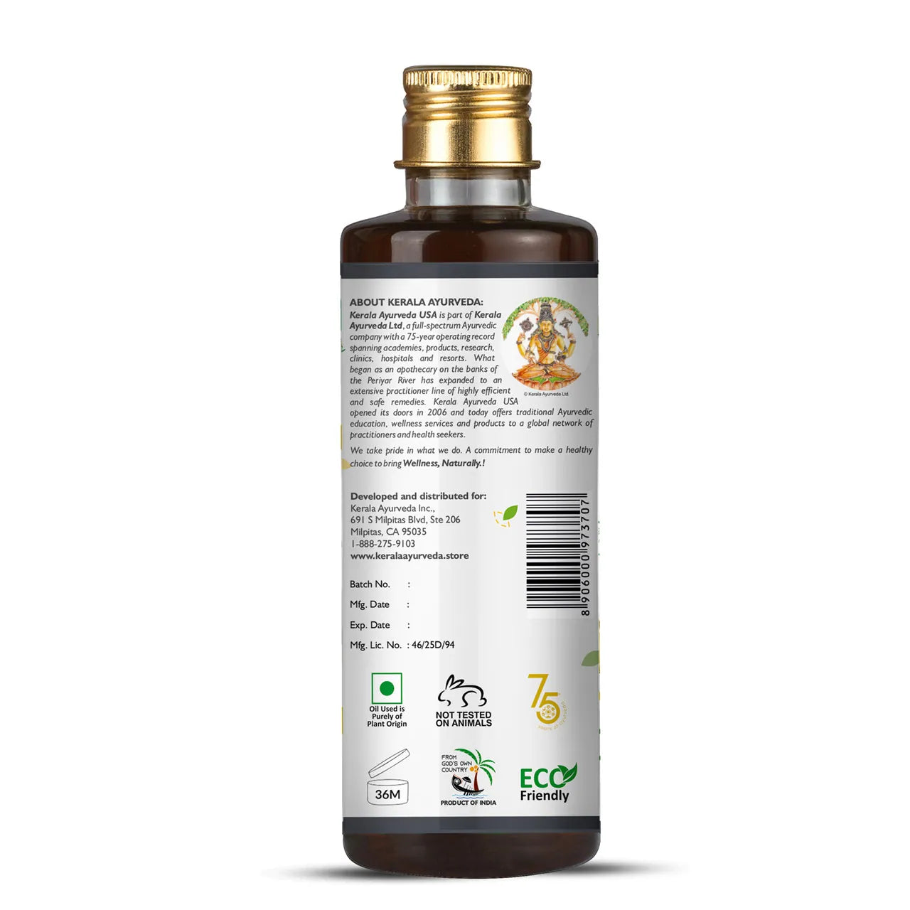 Bala Thailam, an Ayurvedic herbal massage oil by Kerala Ayurveda, in a clear bottle with a label showing the brand and product name, along with images of herbs used in the formulation.