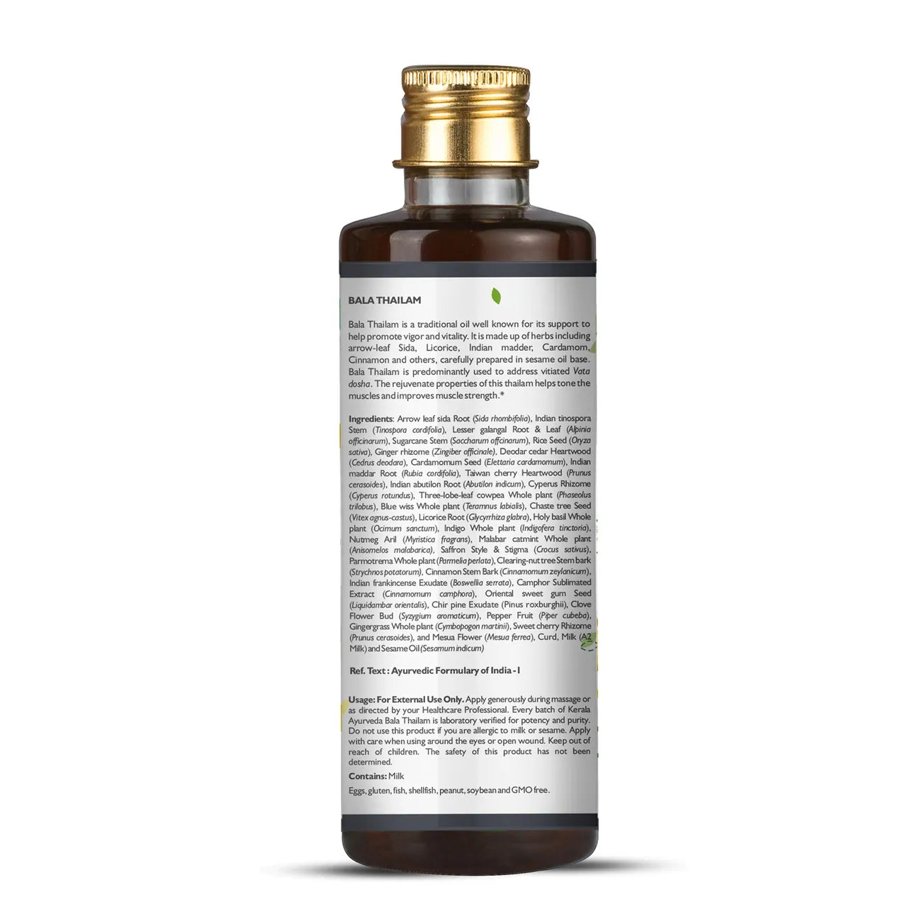 Bala Thailam Ingredients, an Ayurvedic herbal massage oil by Kerala Ayurveda, in a clear bottle with a label showing the brand and product name, along with images of herbs used in the formulation.