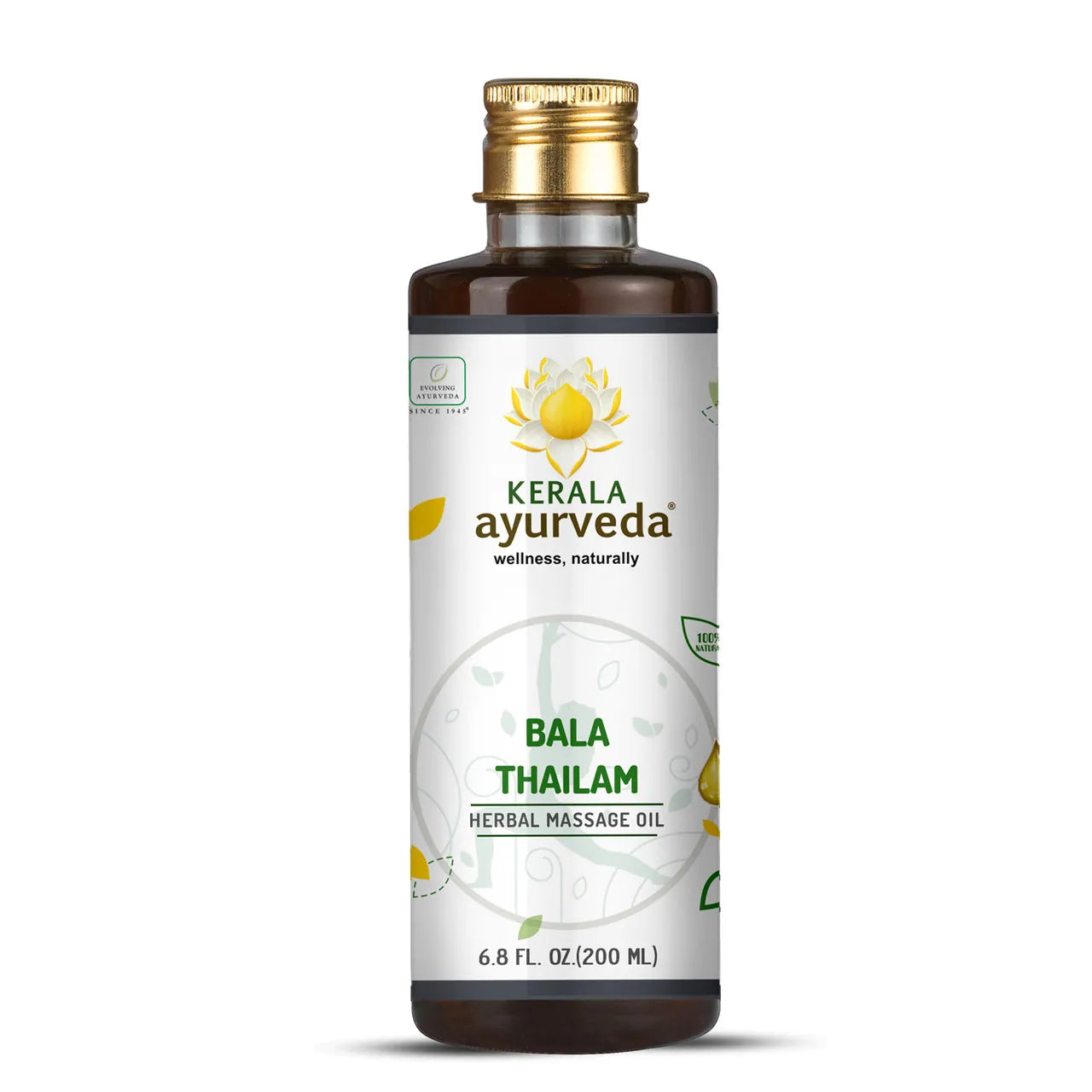 Bala Thailam, an Ayurvedic herbal massage oil by Kerala Ayurveda, in a clear bottle with a label showing the brand and product name, along with images of herbs used in the formulation.