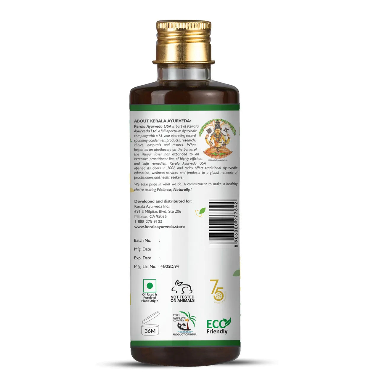 Back view of Kerala Ayurveda Balahatadi Keram, a herbal scalp massage oil with a label showing product name and Ayurvedic symbols, in a 6.8 fl oz / 200 ml container.