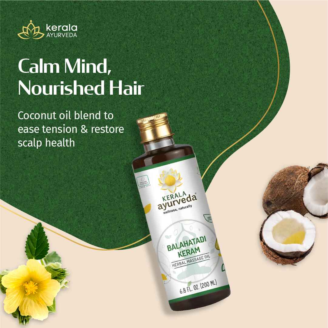 Graphics of Kerala Ayurveda Balahatadi Keram, a herbal scalp massage oil with a label showing product name and Ayurvedic symbols, in a 6.8 fl oz / 200 ml container.