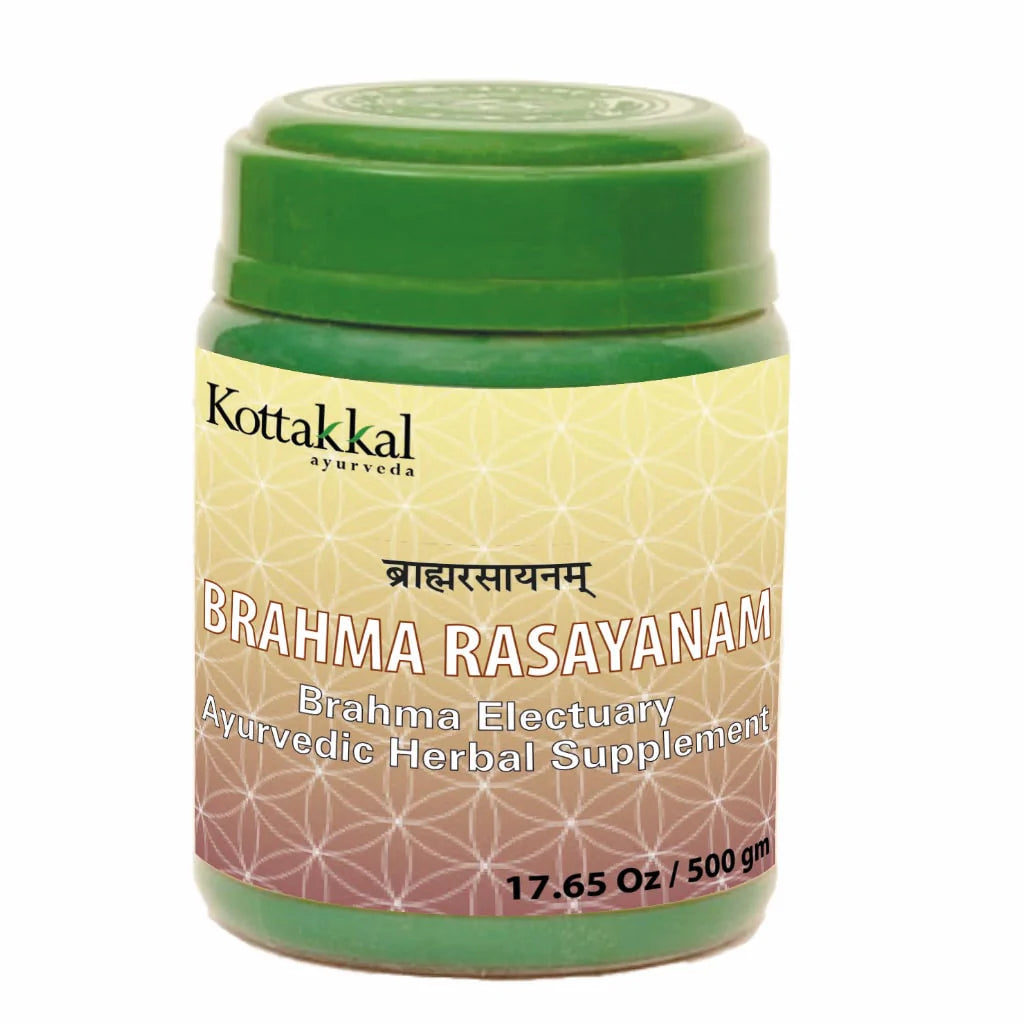This image features a product called "KT Brahma Rasayanam" by Kottakkal, packaged in a green and yellow container. The product is presented as a herbal supplement, weighing 17.