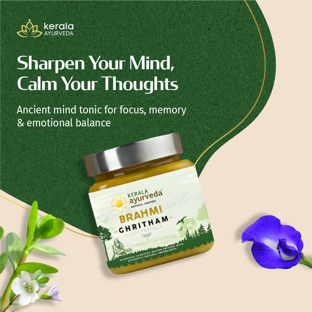 Kerala Ayurveda Brahmi Ghritam jar with green background and text about brain health.