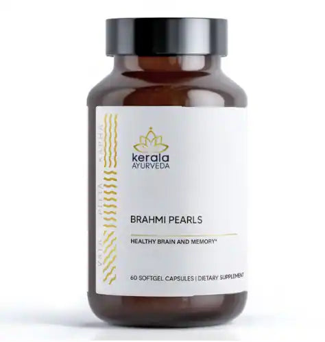 A bottle of Brahmi Pearls dietary supplement with 60 soft gel capsules, labeled for healthy brain and memory.