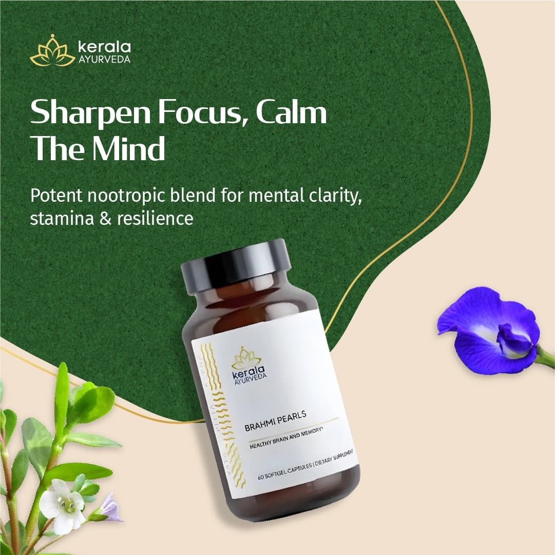 Bottle of Kerala Ayurveda Brahmi Pearls with text on a green and beige background