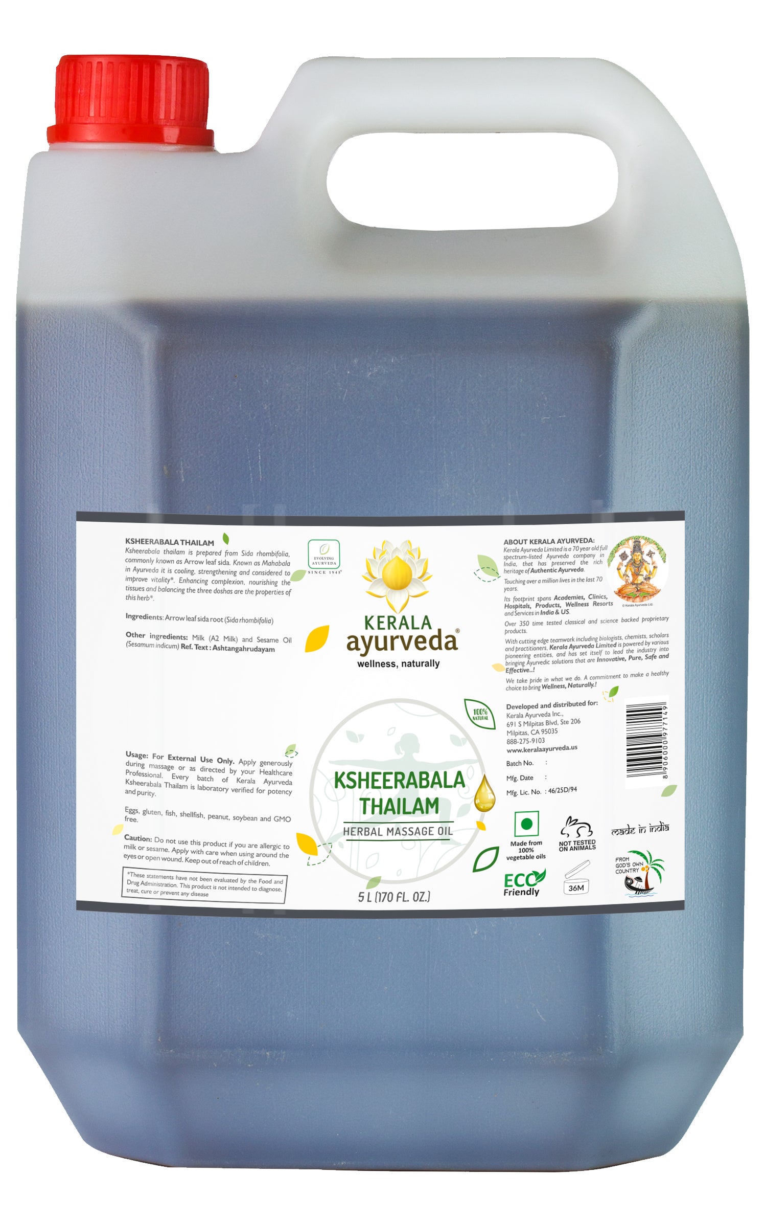 5 litre can of a Kerala Ayurveda calming body oil with a label indicating product details