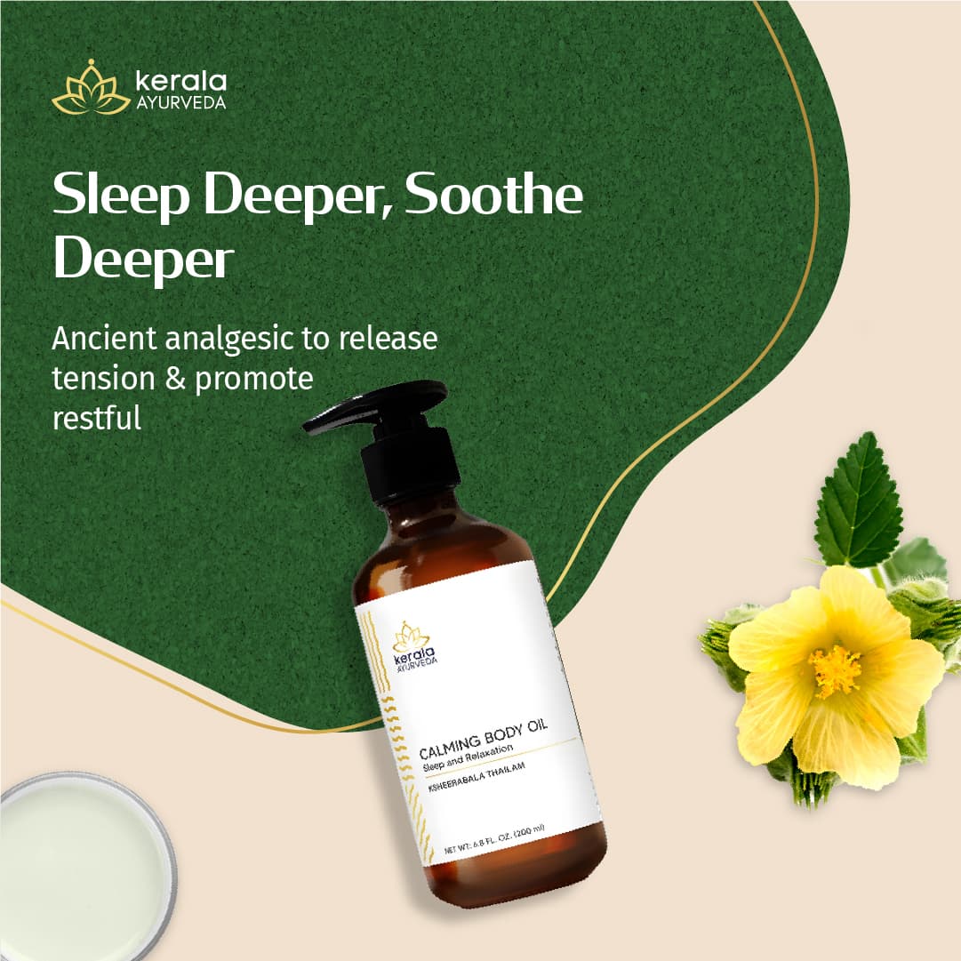 Kerala Ayurveda calming body oil bottle with a yellow flower on a green and beige background