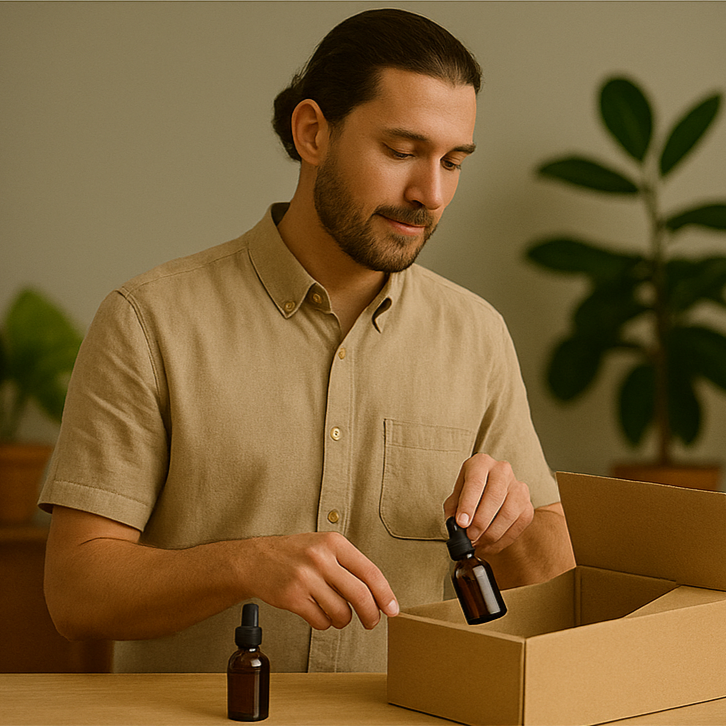 A person in a beige shirt unboxes a brown cardboard box with glass dropper bottles inside.
