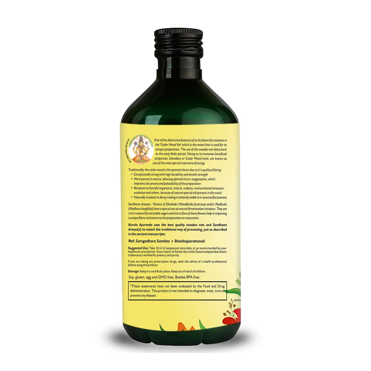 Back label of Kerala Ayurveda Dasamoolajeerakarishtam, a digestive cleanse indicating the ingredients of the product