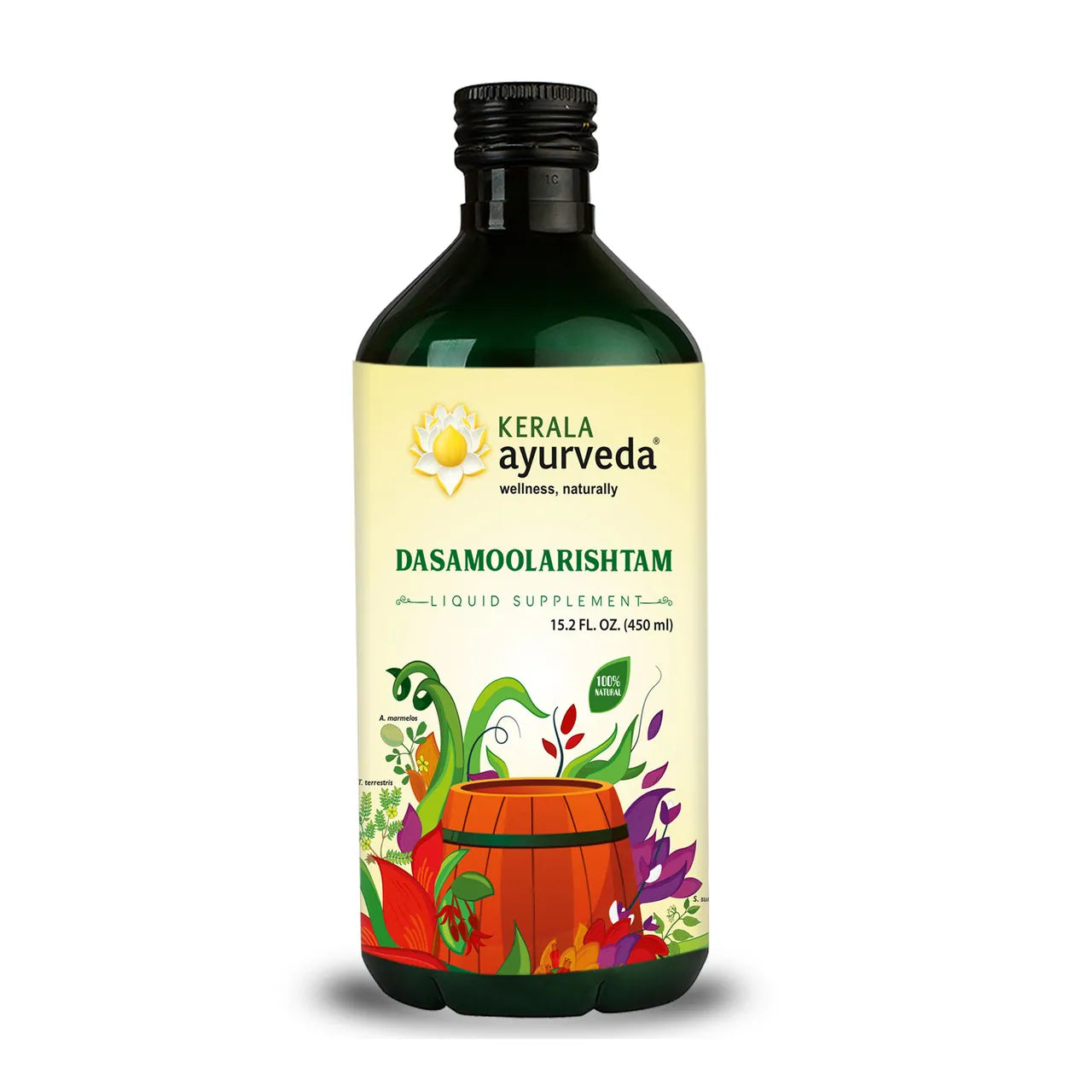 Bottle of Kerala Ayurveda Dasamoolarishtam, an ayurvedic oil with colorful label depicting herbs and a container.