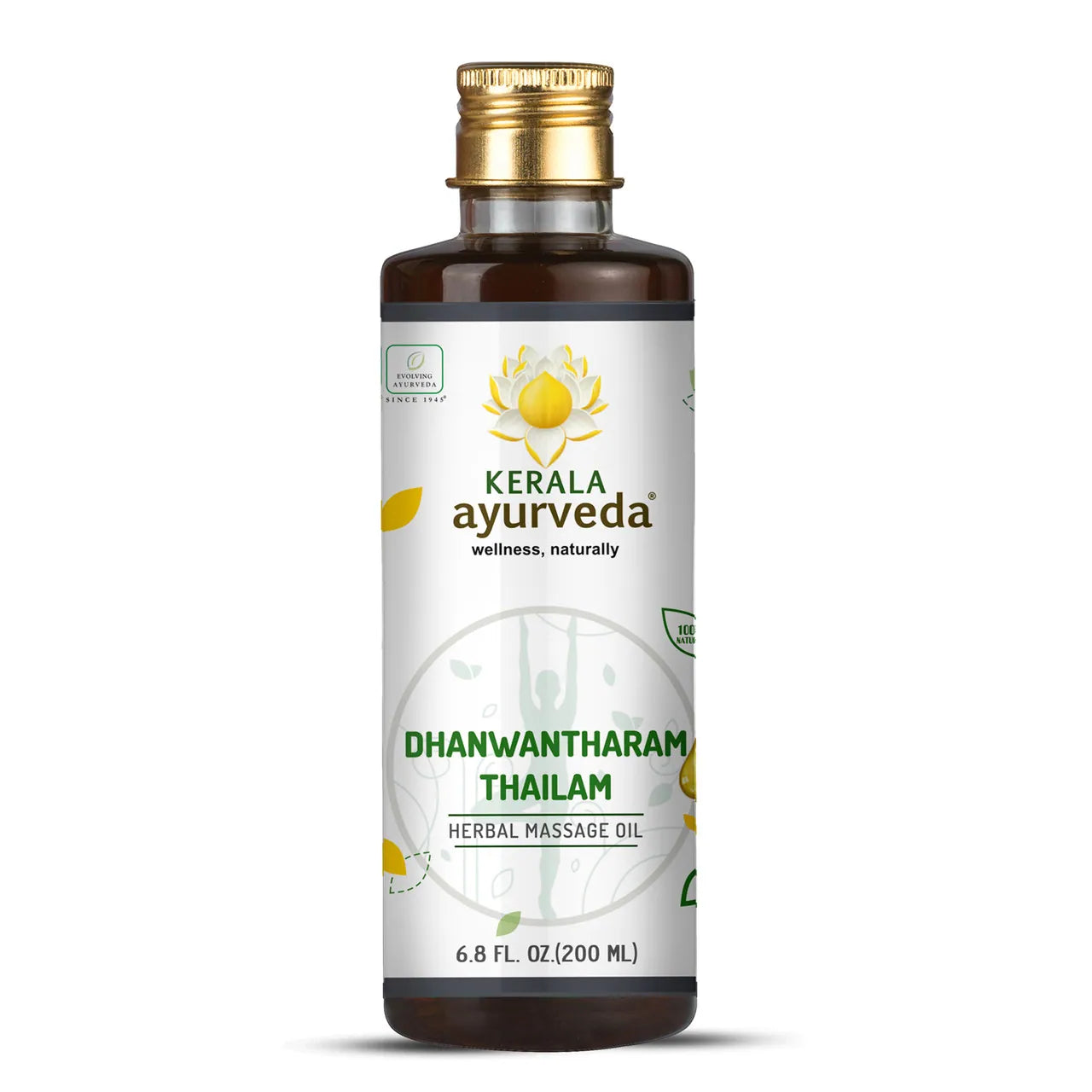 Dhanwantharam Thailam body massage oil front label bottle – Kerala Ayurveda.