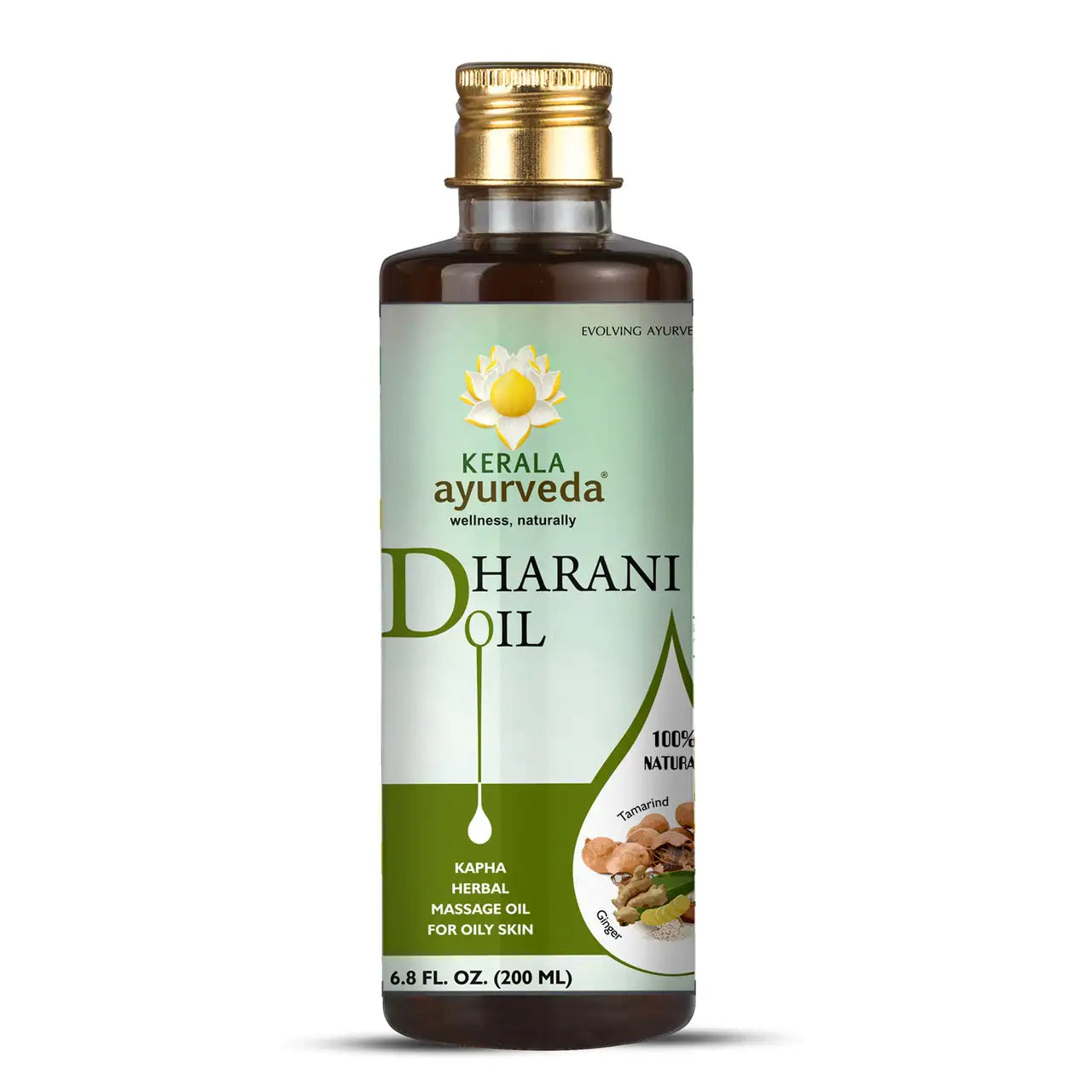 A bottle of Dharani Oil by Kerala Ayurveda for Kapha management with a label showing the product name and a brief description.