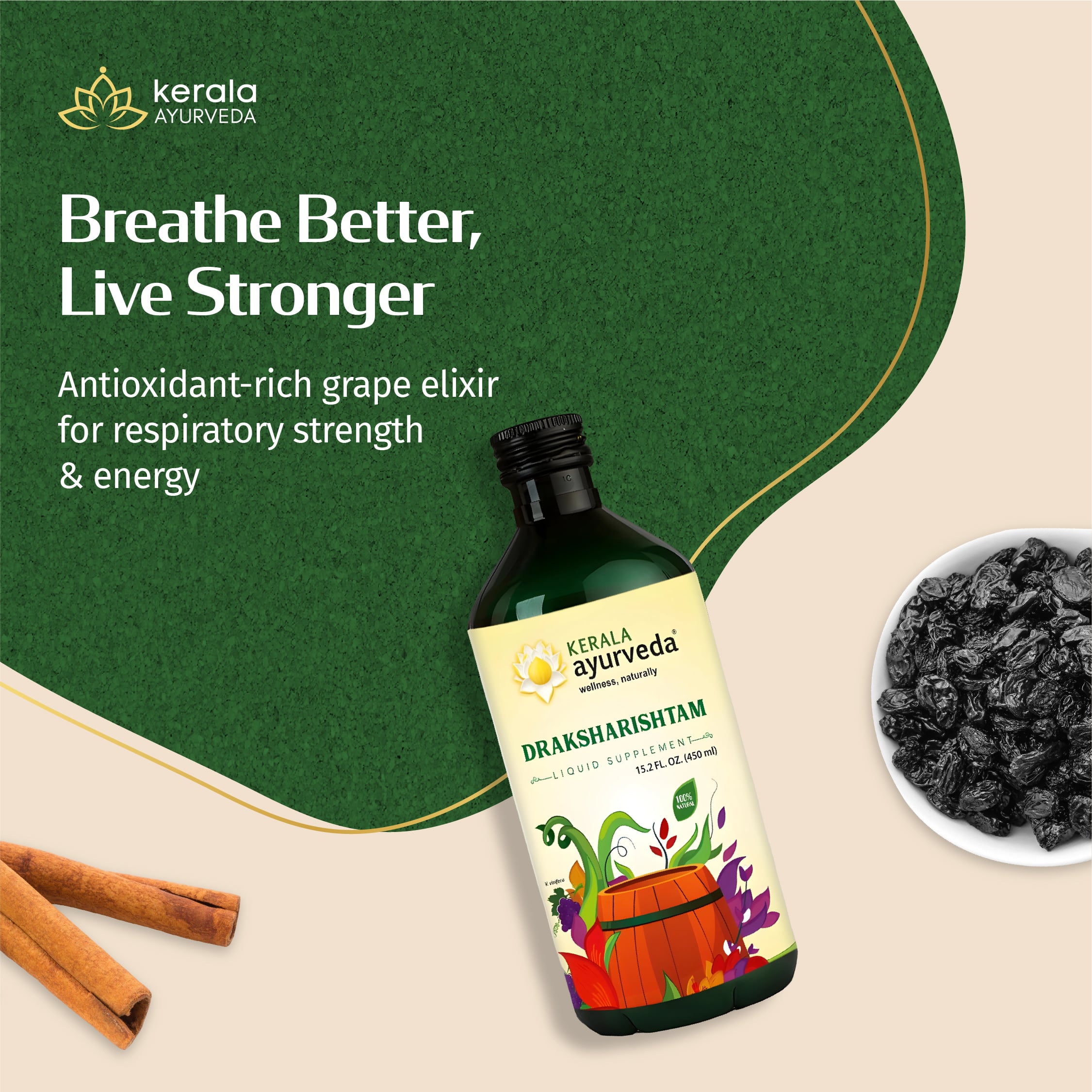 Kerala Ayurveda bottle with dried grapes and cinnamon sticks on a beige background
