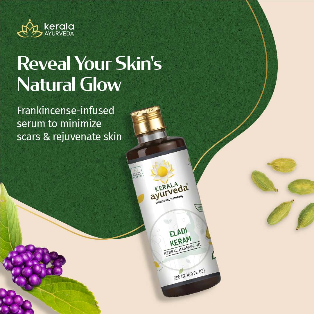 Bottle of Kerala Ayurveda Eladi Keram, a herbal massage oil, with a capacity of 200 ml on a green and beige background