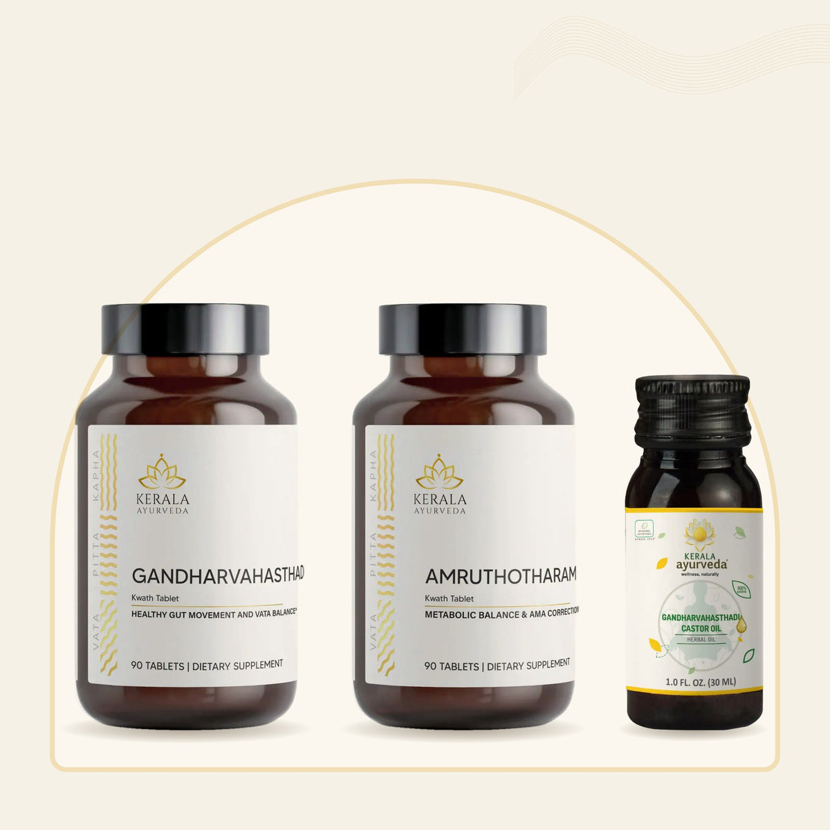 Kerala Ayurveda Agni Ritual bundle: Gandharvahasthadi Kwath, Amruthotharam Kwath and Gandharvahasthadi Castor Oil.