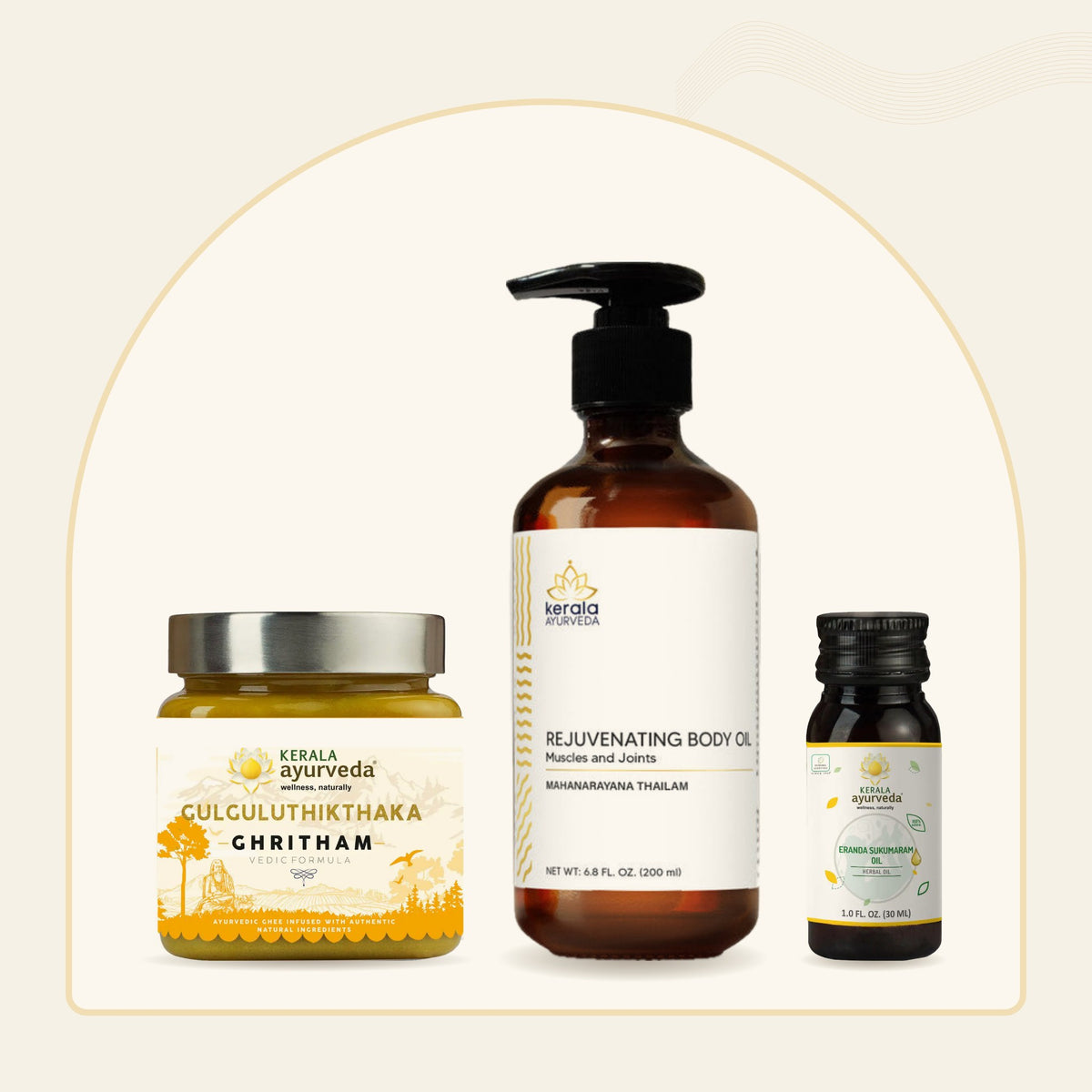 Kerala Ayurveda Vata Grounding Ritual bundle: Gulguluthikthaka Ghee, Rejuvenating Body Oil and Eranda Sukumaram Oil.
