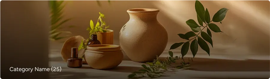 Clay pots and glass bottles on a surface with green leaves and soft lighting.