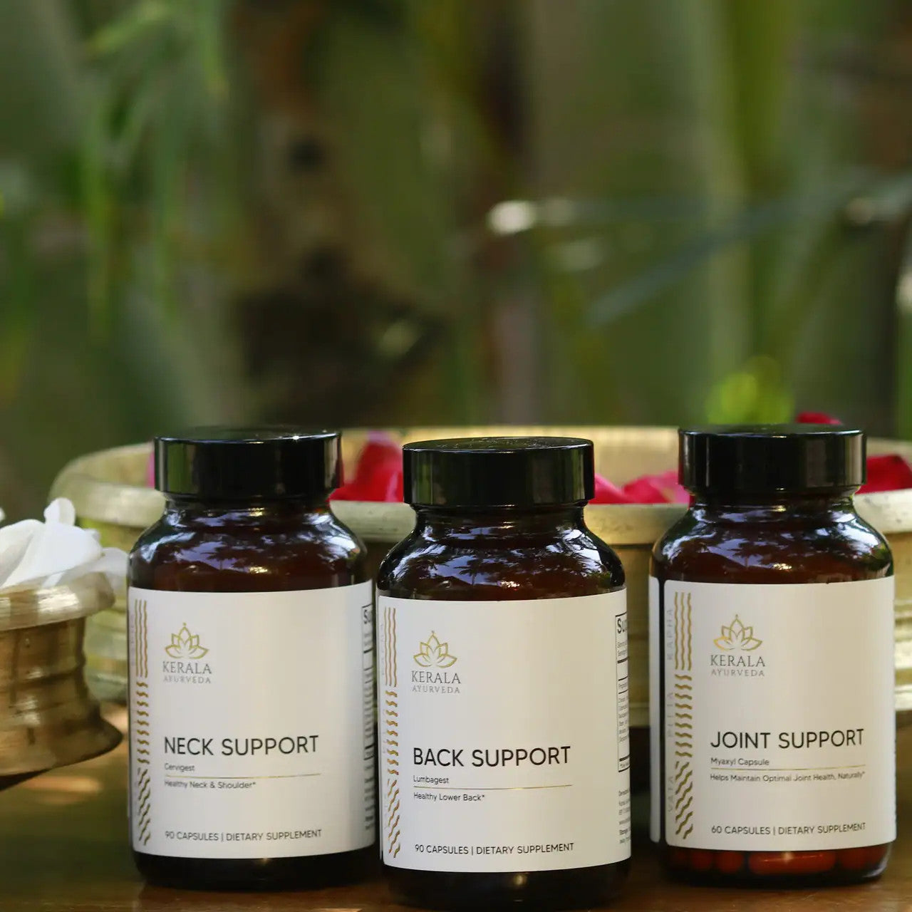 Three bottles labeled as 'NECK SUPPORT', 'BACK SUPPORT', and 'JOINT SUPPORT', indicating a set of supplements for body support.
