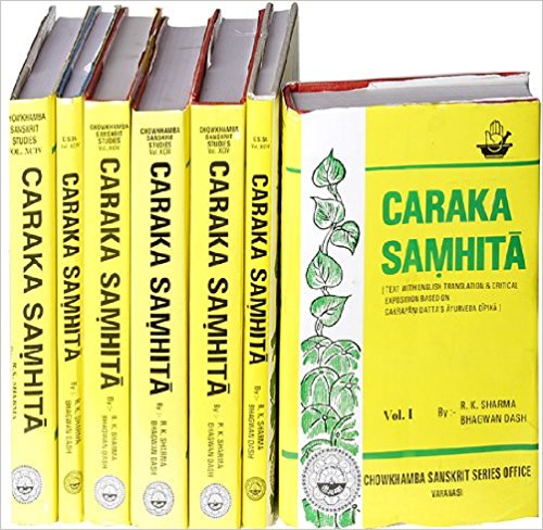 A set of ayurveda books titled 'Caraka Samhita' arranged on a shelf, with yellow covers and green decorative elements.