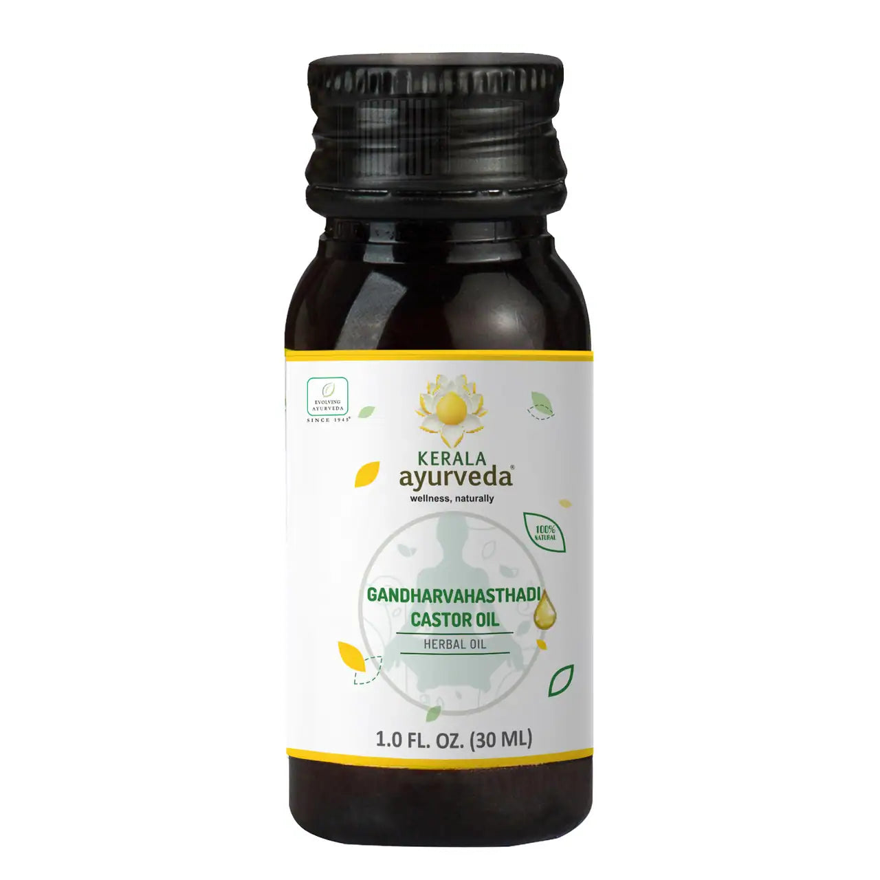 Front view of a small bottle of Kerala Ayurveda Gandharvahastadi Castor Oil, an ayurvedic oil for internal use.