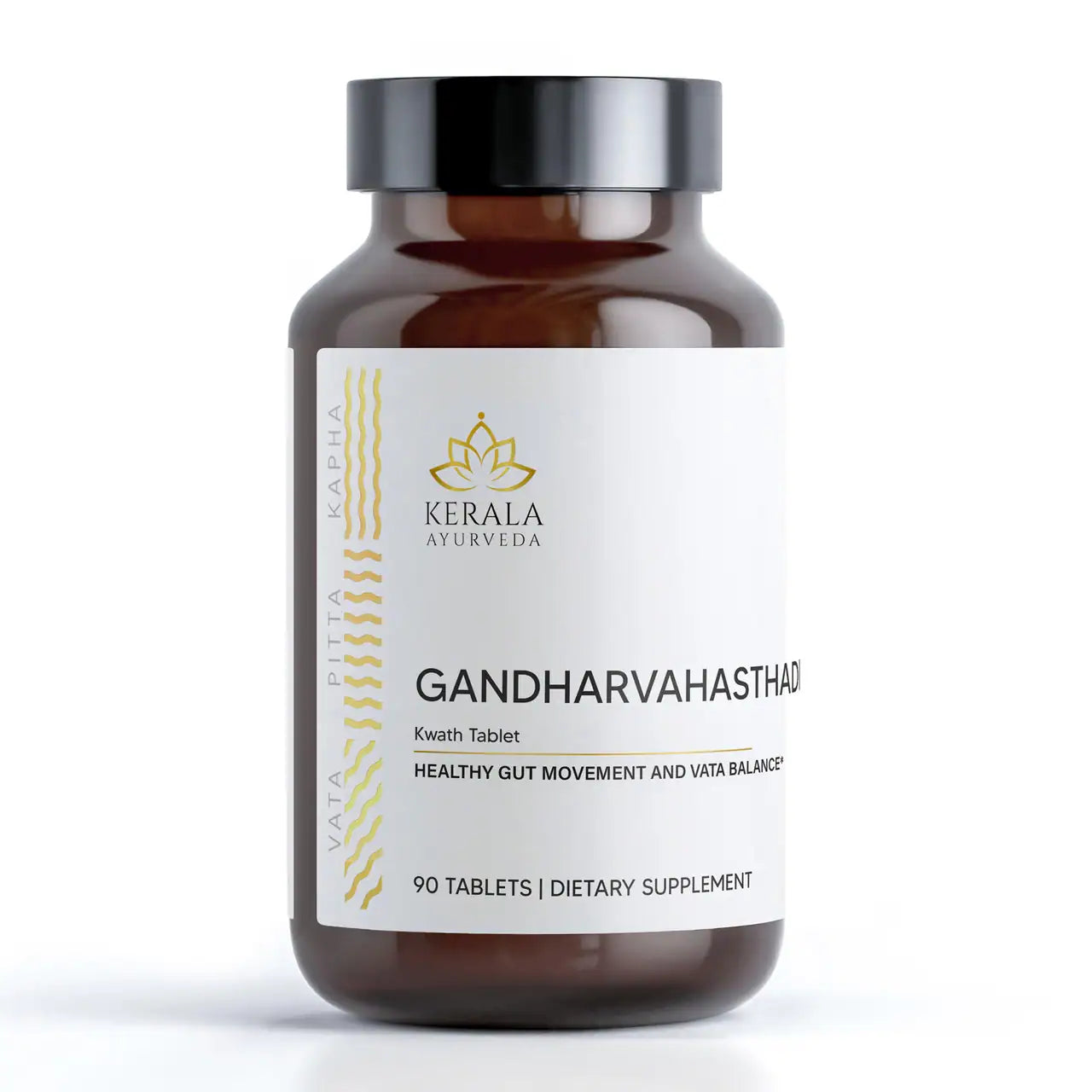 A bottle of Gandharvahasthadi Kwath tablets by Kerala Ayurveda, labeled as a dietary supplement for healthy gut movement and well-being, with 90 tablets inside.