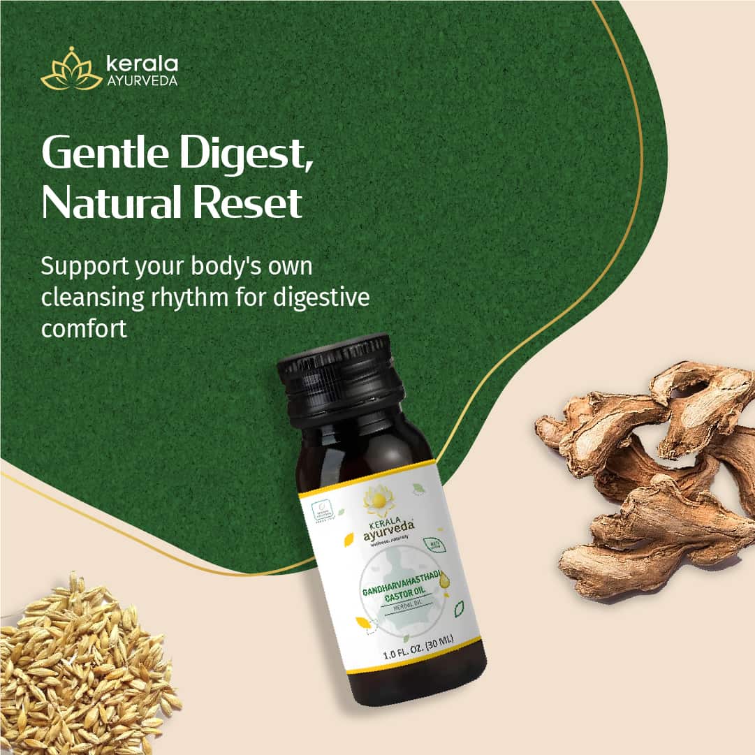 A promotional banner for Gandharvahastadi Castor Oil, titled "Gentle Digest, Natural Reset," featuring the bottle surrounded by ginger and barley. This ayurvedic oil supports digestive comfort