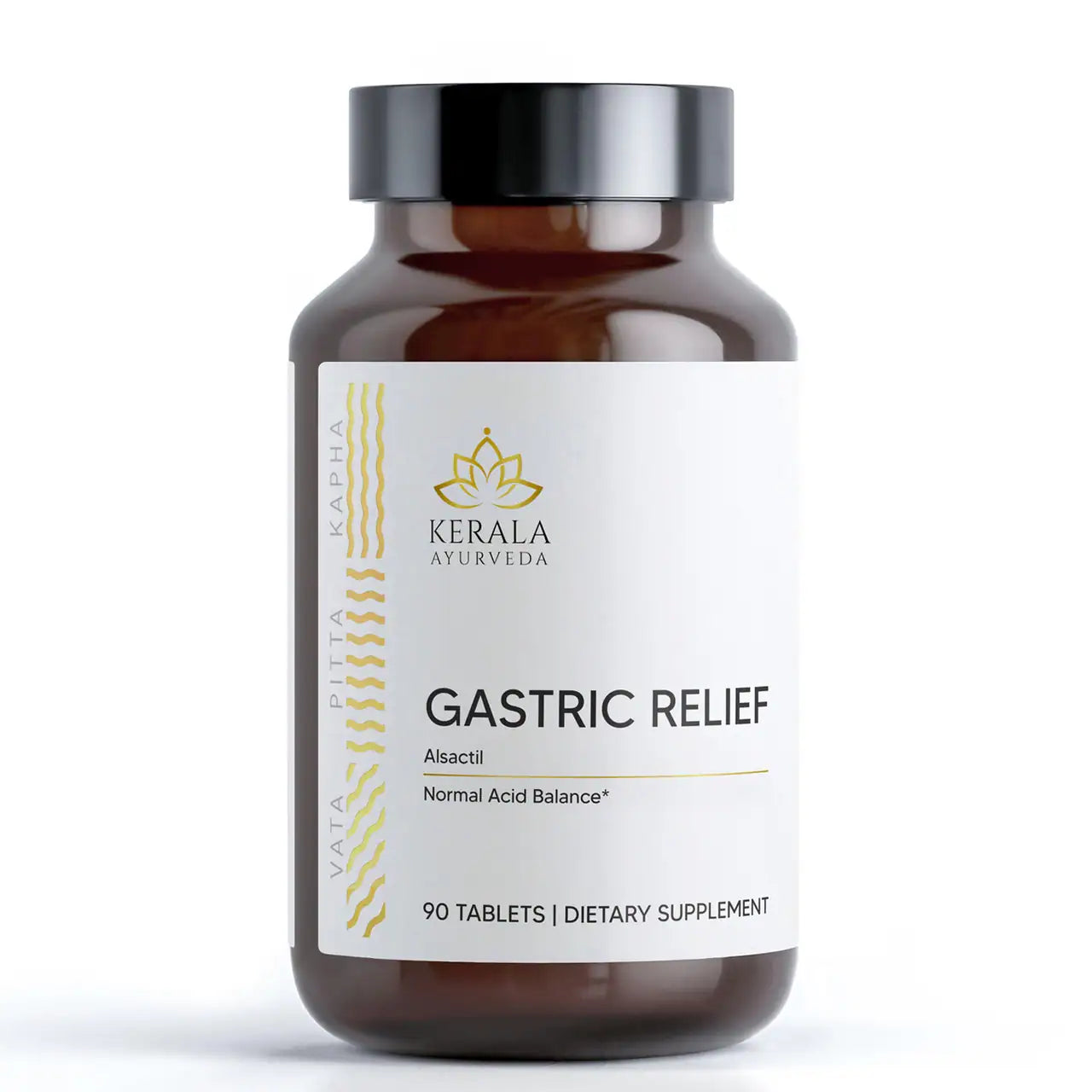 A bottle of Kerala Ayurveda Gastric Relief, containing 90 tablets for dietary supplement.