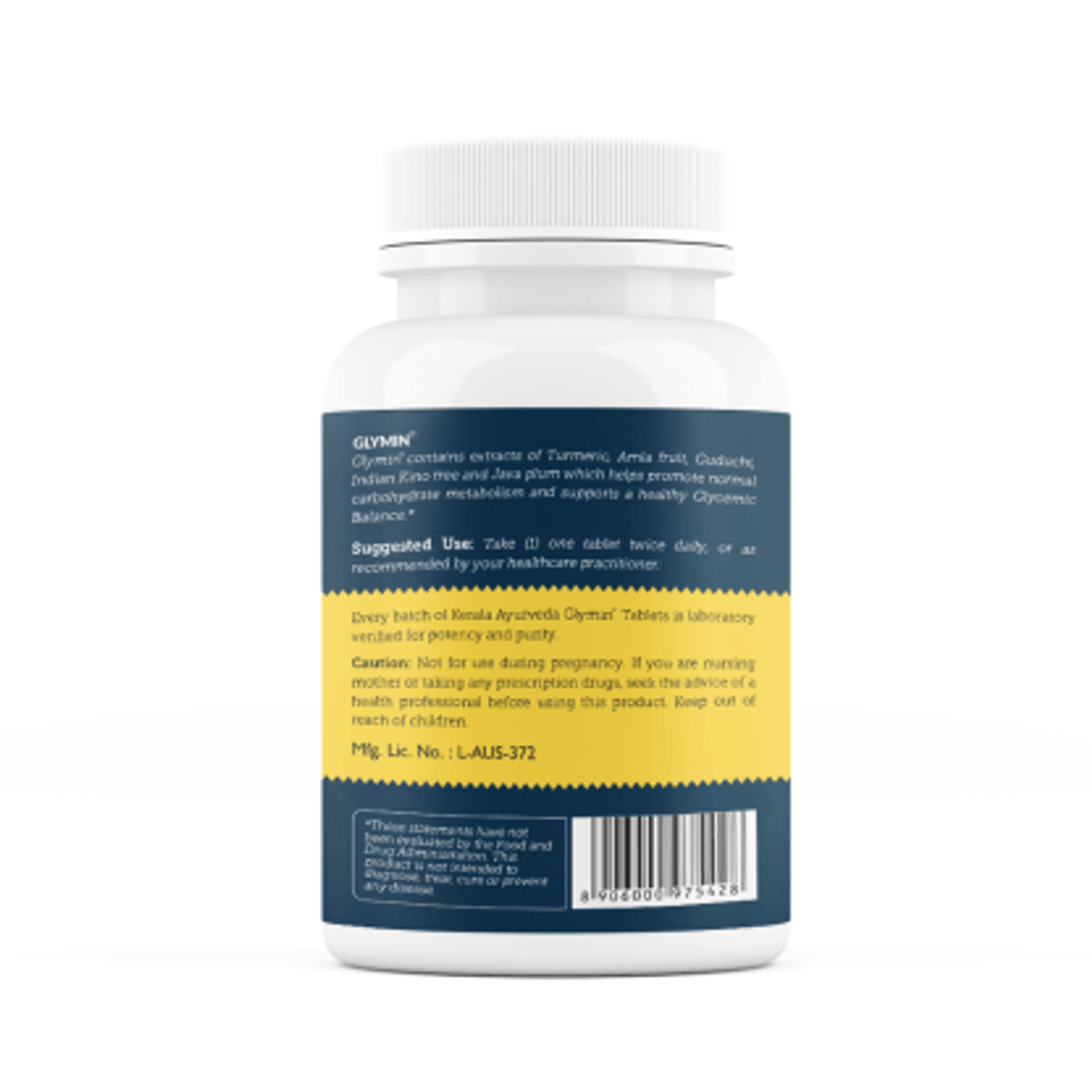 A bottle of Glymin tablets by Kerala Ayurveda, labeled as a glycemic balance supplement with lable of how to use suggestions