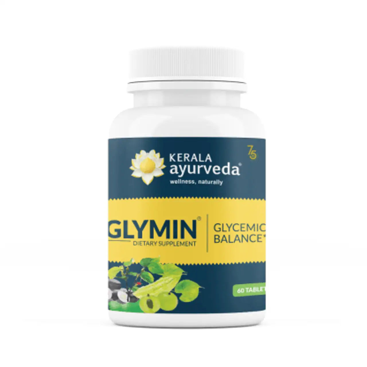 A bottle of Glymin tablets by Kerala Ayurveda, labeled as a glycemic balance supplement with an image of herbs and a blue and yellow color scheme.