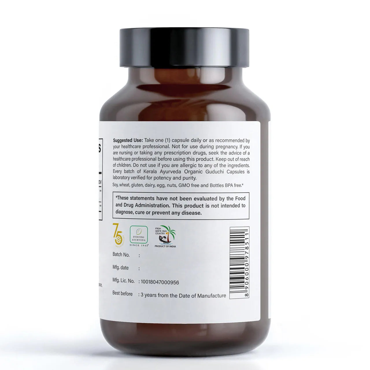 The back label for bottle of Kerala Ayurveda Guduchi capsules with the indicating how to use suggestion
