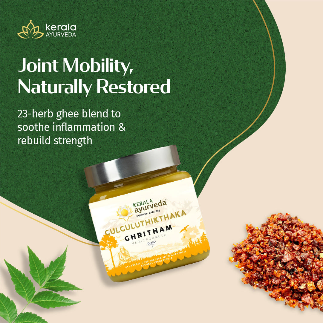 Kerala Ayurveda jar of Culculuthikthaka ghritham - an orgainic ghee with text about joint mobility on a green and beige background.