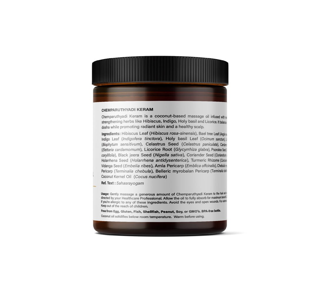A jar of Kerala Ayurveda Hibiscus Hair and Skin Oil, 6.8 fl oz / 200 ml, with a white label displaying the product description and ingredients