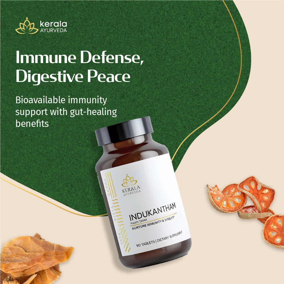 Kerala Ayurveda Indukantham immune support supplement bottle with text about immune defense and digestive peace on a green and beige background.