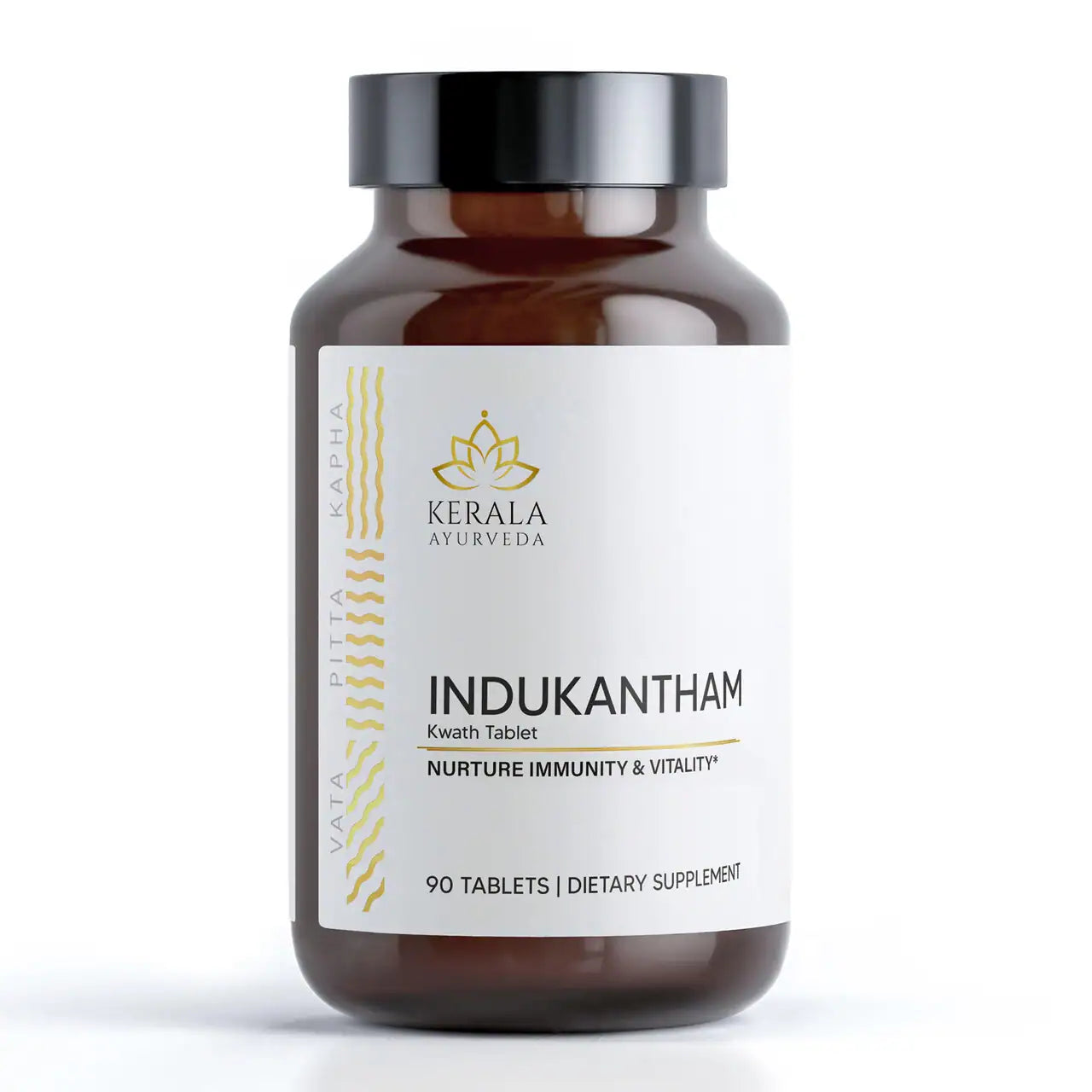 A bottle of Indukantham Kwath, 90 tablets, dietary immune support supplement with a white and brown label, Kerala Ayurveda brand.