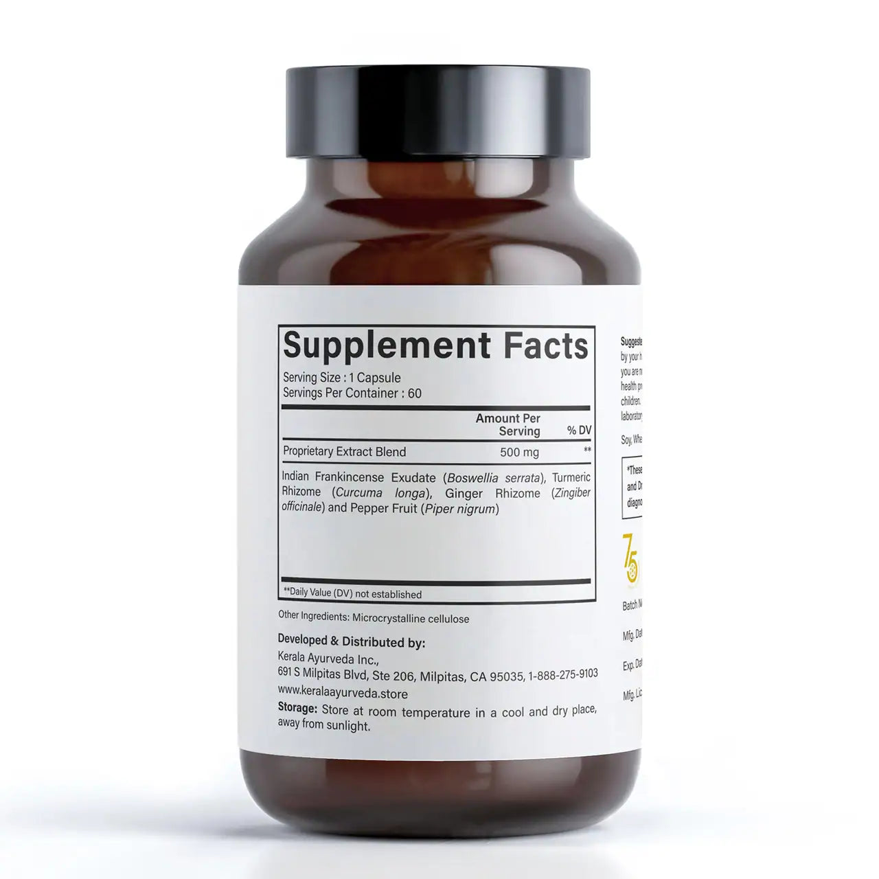 A supplement facts label view of a bottle of Kerala Ayurveda Joint Support capsules, with a white label displaying the product name and quantity.