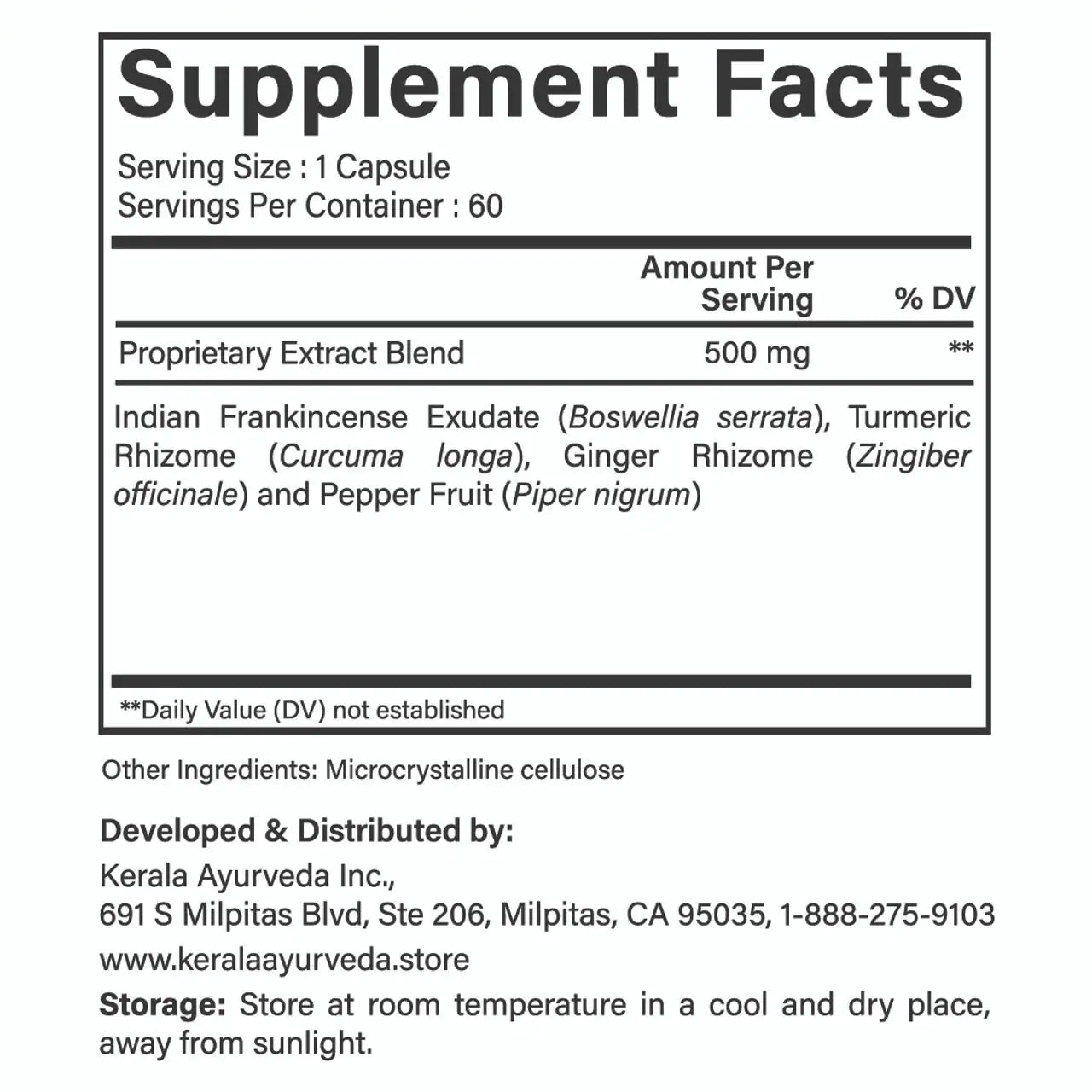 A supplement facts label of Kerala Ayurveda Joint Support capsules