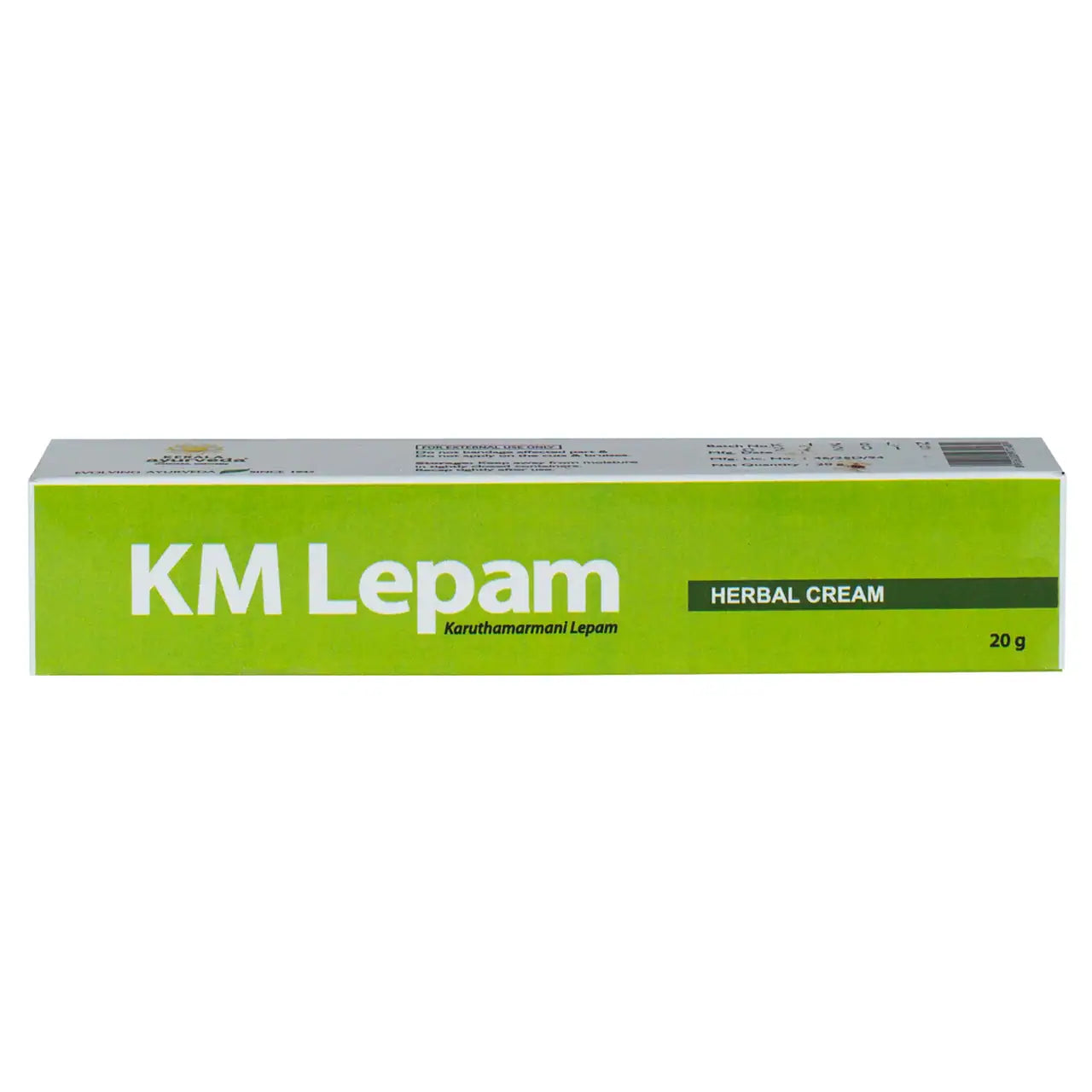 A box of 20g KM Lepam herbal cream, with the brand name and product name displayed on the packaging.