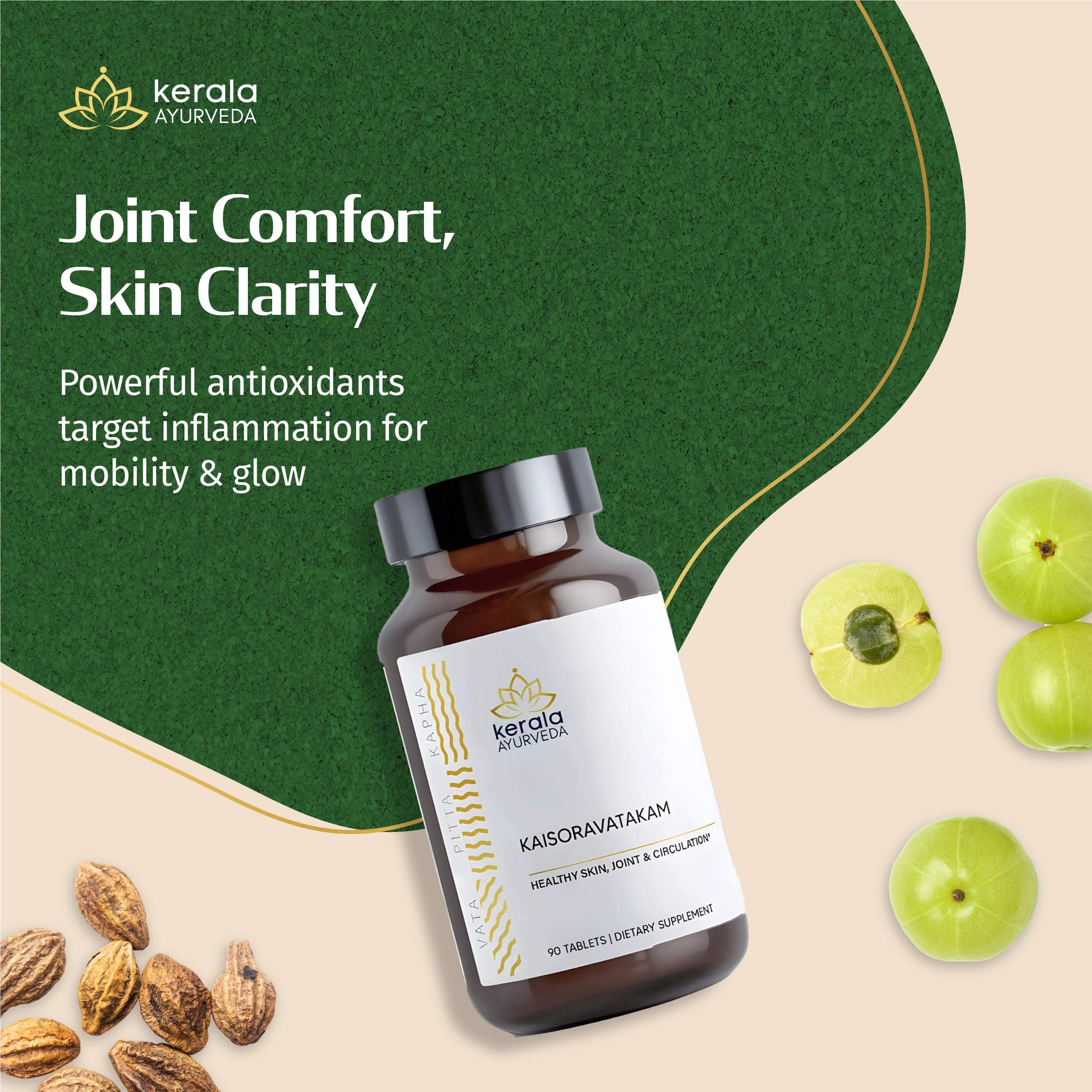 A bottle of Kaisoravatakam tablets with 90 tablets, labeled as a dietary supplement for healthy skin, joint, and circulation with green apples and nuts on a beige background