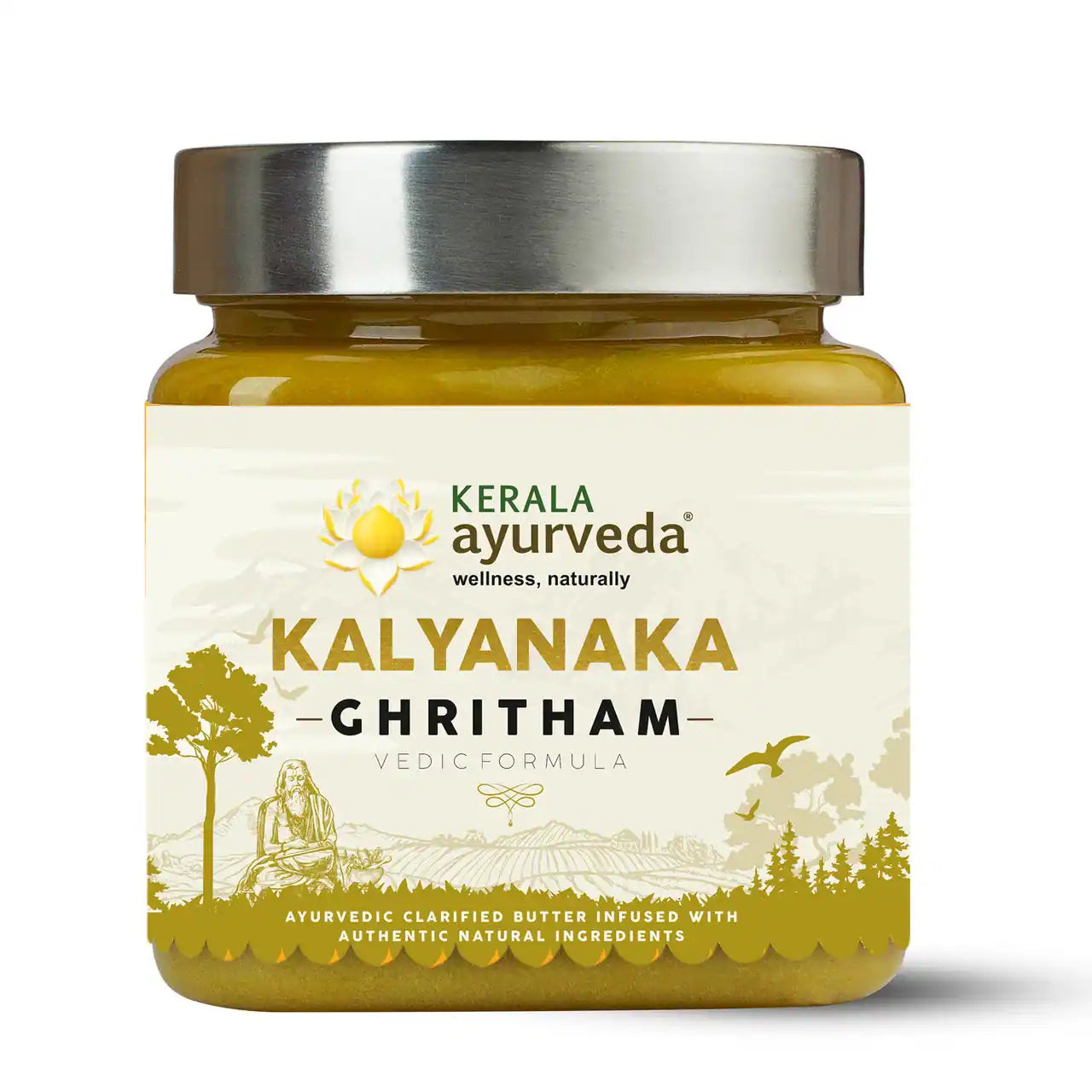 A jar of Kerala Ayurveda Kalyanaka Ghee with a label showing the product name and an illustration of herbs.