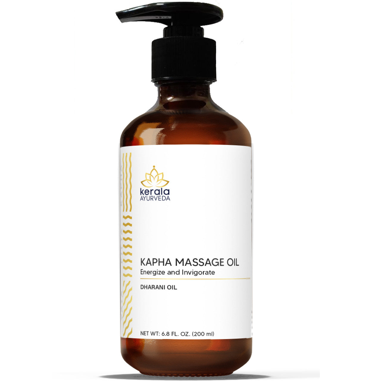 A bottle of Kapha Body Oil with a label that reads 'KAPHA MASSAGE OIL' and has additional text indicating it's a product by Kerala Ayurveda, used for energizing and invigorating.