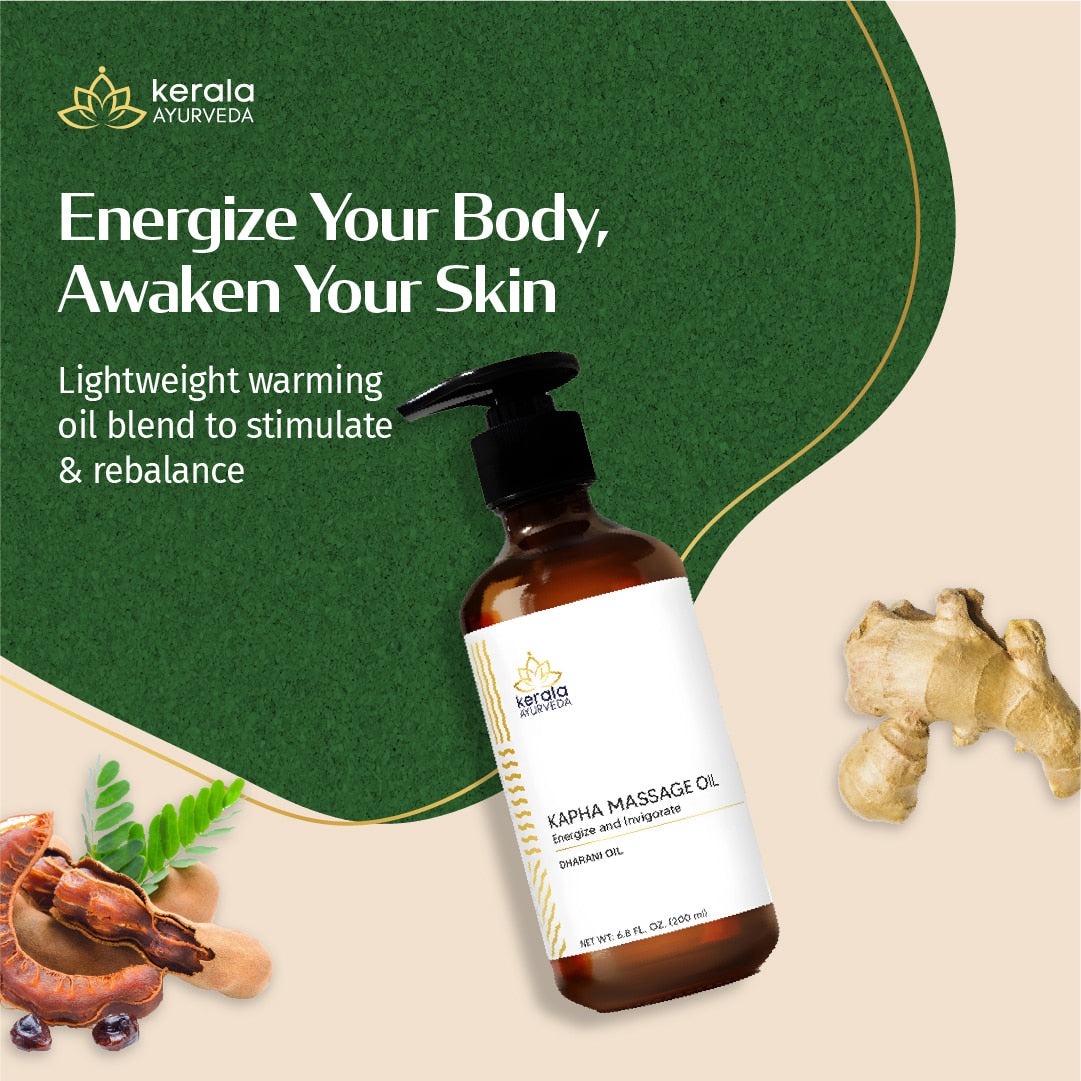 Kerala Ayurveda body oil bottle with promotional text on a green and beige background