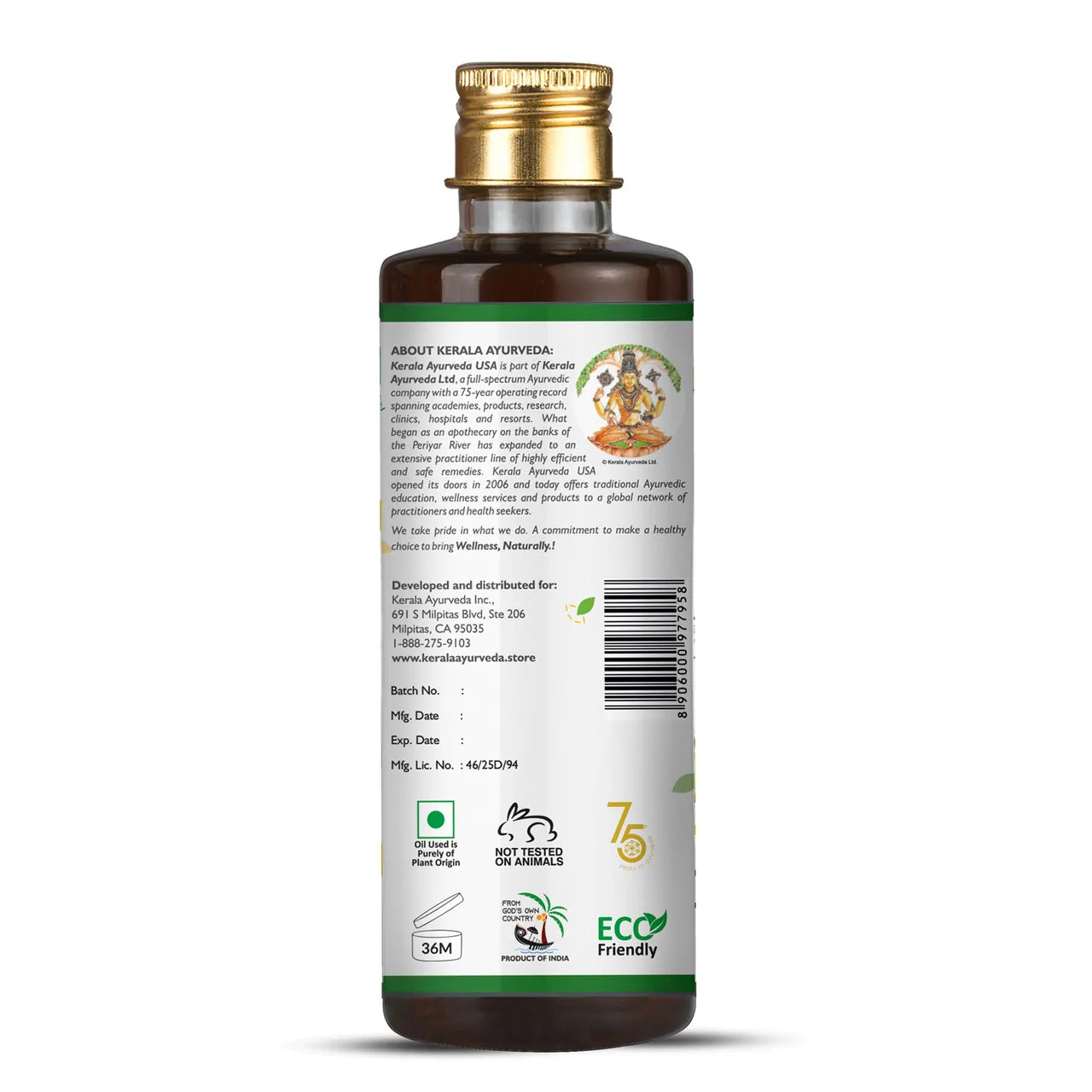 A bottle of Kerala Ayurveda Kayyunyadi Keram hair care oil, 6.8 fl oz / 200 ml, with label indicating the brand details